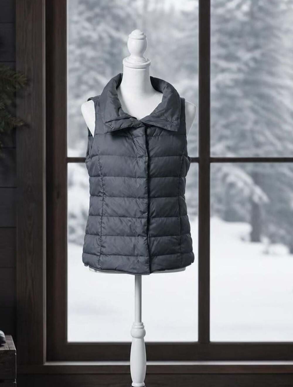 Eileen Fisher Gray Funnel Neck Puffer Vest Size Medium